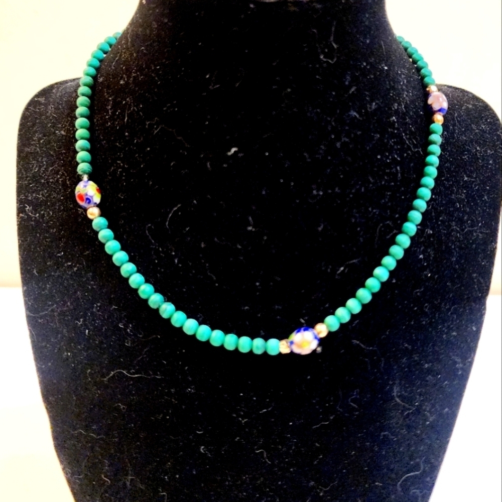 Green Beaded Necklace with Blue Accents